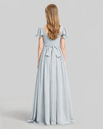 Dideyttawl Junior Bridesmaid Dress with Flutter Sleeves and Ruffle Split Chiffon Gown