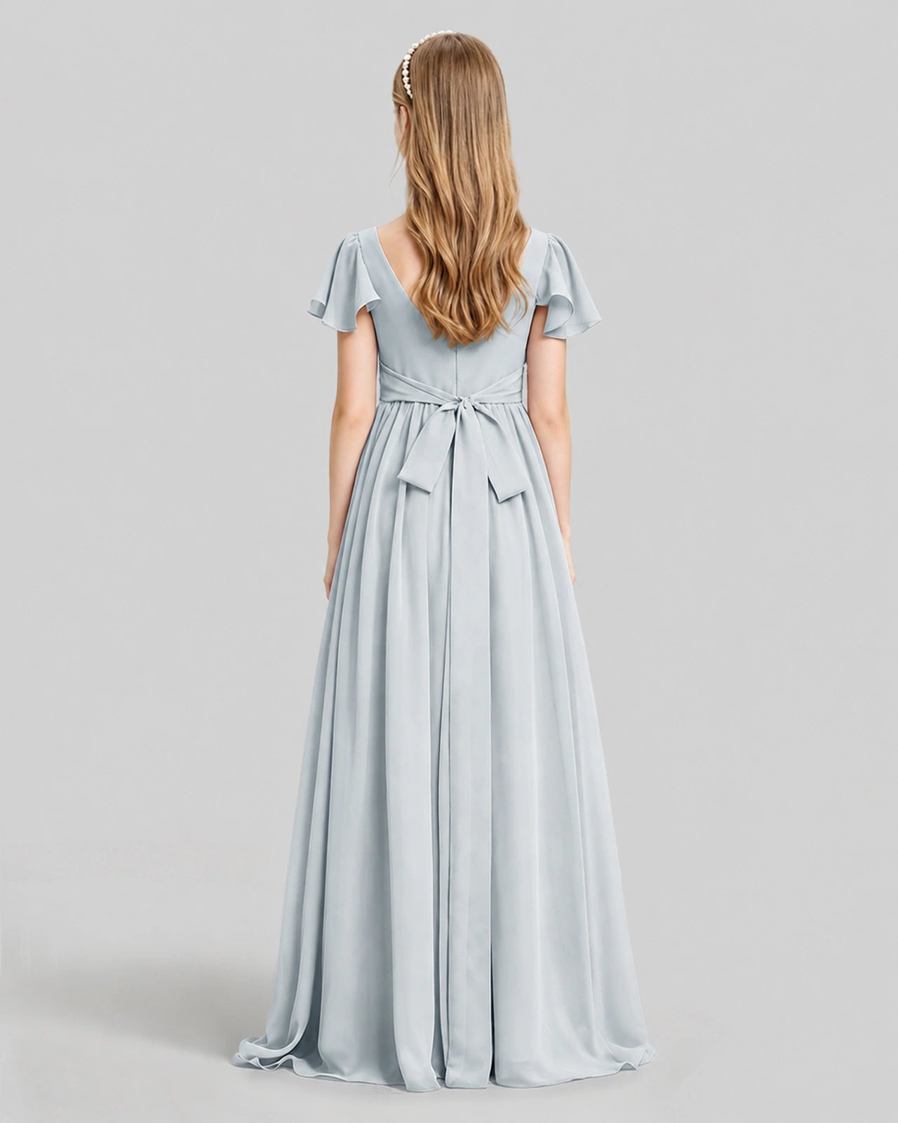 Dideyttawl Junior Bridesmaid Dress with Flutter Sleeves and Ruffle Split Chiffon Gown