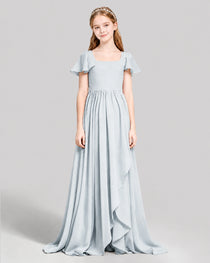 Dideyttawl Junior Bridesmaid Dress with Flutter Sleeves and Ruffle Split Chiffon Gown
