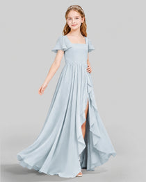 Dideyttawl Junior Bridesmaid Dress with Flutter Sleeves and Ruffle Split Chiffon Gown