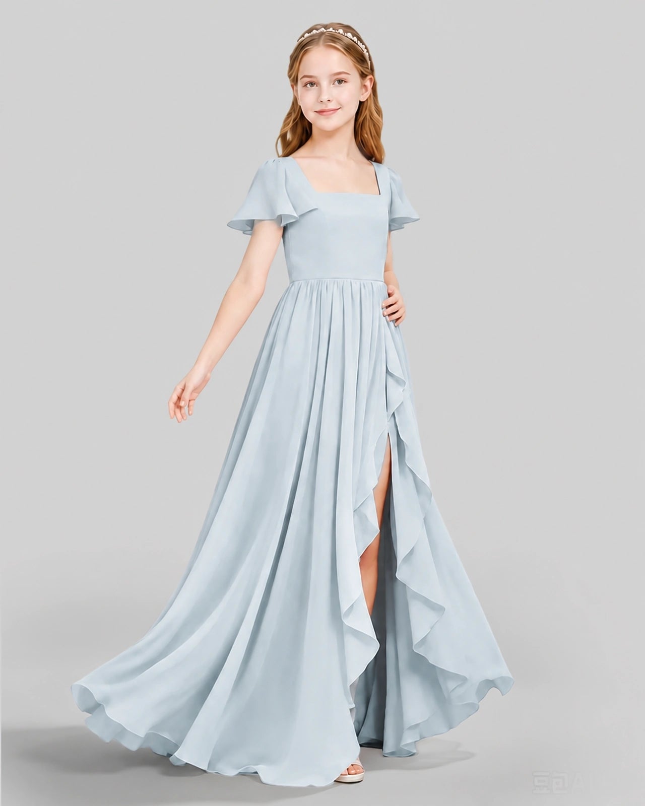 Dideyttawl Junior Bridesmaid Dress with Flutter Sleeves and Ruffle Split Chiffon Gown