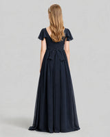 Navy Blue Chiffon A-line Junior Bridesmaid Dress Back View