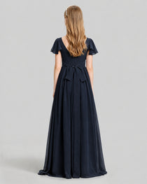 Dideyttawl Junior Bridesmaid Dress with Flutter Sleeves and Ruffle Split Chiffon Gown