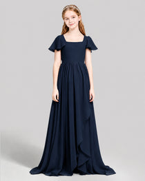 Dideyttawl Junior Bridesmaid Dress with Flutter Sleeves and Ruffle Split Chiffon Gown