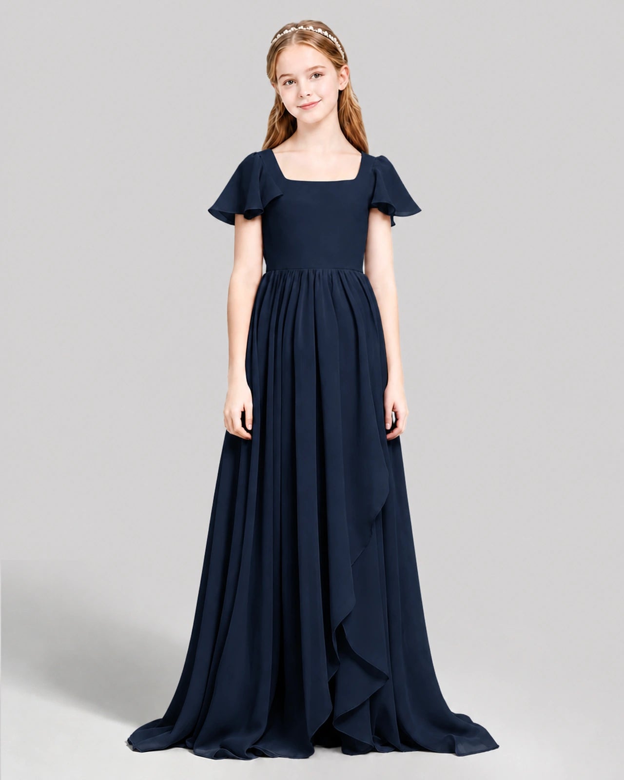Dideyttawl Junior Bridesmaid Dress with Flutter Sleeves and Ruffle Split Chiffon Gown