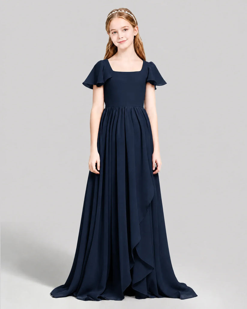 Navy Blue Chiffon A-line Junior Bridesmaid Dress Front View