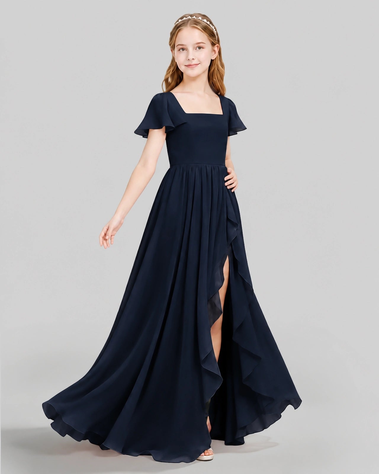 Dideyttawl Junior Bridesmaid Dress with Flutter Sleeves and Ruffle Split Chiffon Gown