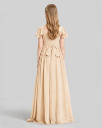 Dideyttawl Junior Bridesmaid Dress with Flutter Sleeves and Ruffle Split Chiffon Gown