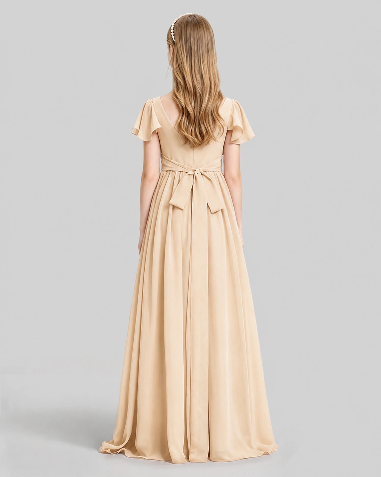 Dideyttawl Junior Bridesmaid Dress with Flutter Sleeves and Ruffle Split Chiffon Gown