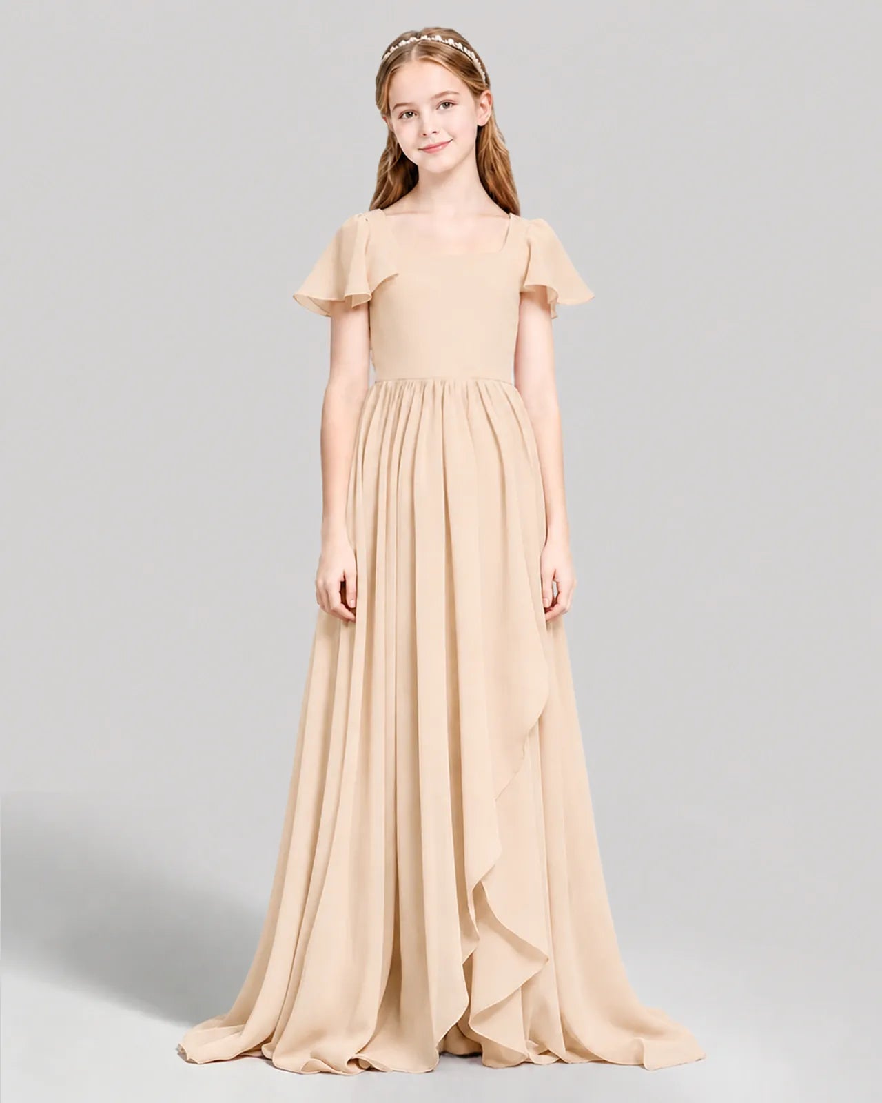 Peach Chiffon A-line Junior Bridesmaid Dress Front View