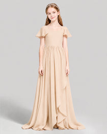 Dideyttawl Junior Bridesmaid Dress with Flutter Sleeves and Ruffle Split Chiffon Gown