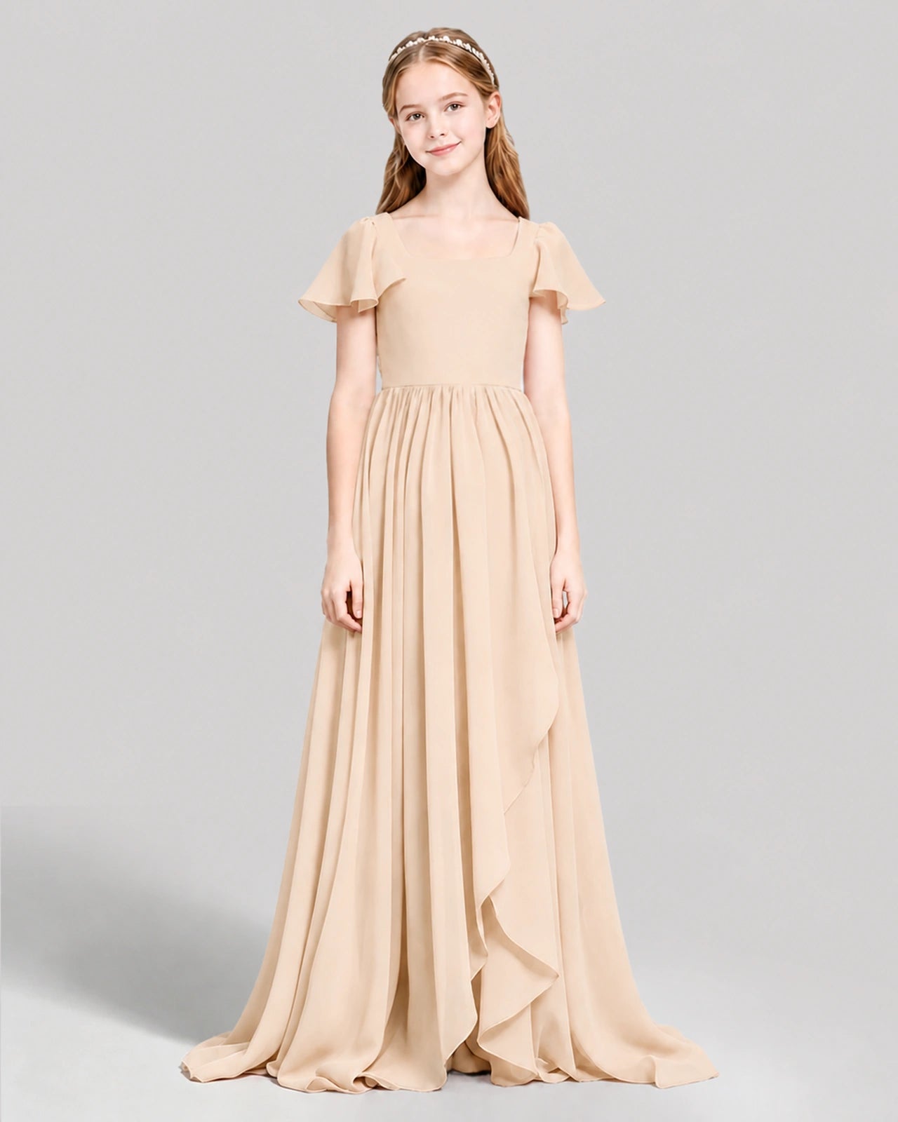 Dideyttawl Junior Bridesmaid Dress with Flutter Sleeves and Ruffle Split Chiffon Gown