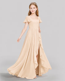 Dideyttawl Junior Bridesmaid Dress with Flutter Sleeves and Ruffle Split Chiffon Gown