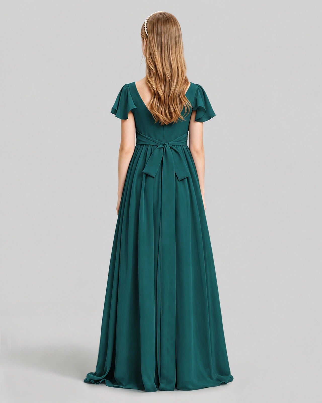 Dideyttawl Junior Bridesmaid Dress with Flutter Sleeves and Ruffle Split Chiffon Gown
