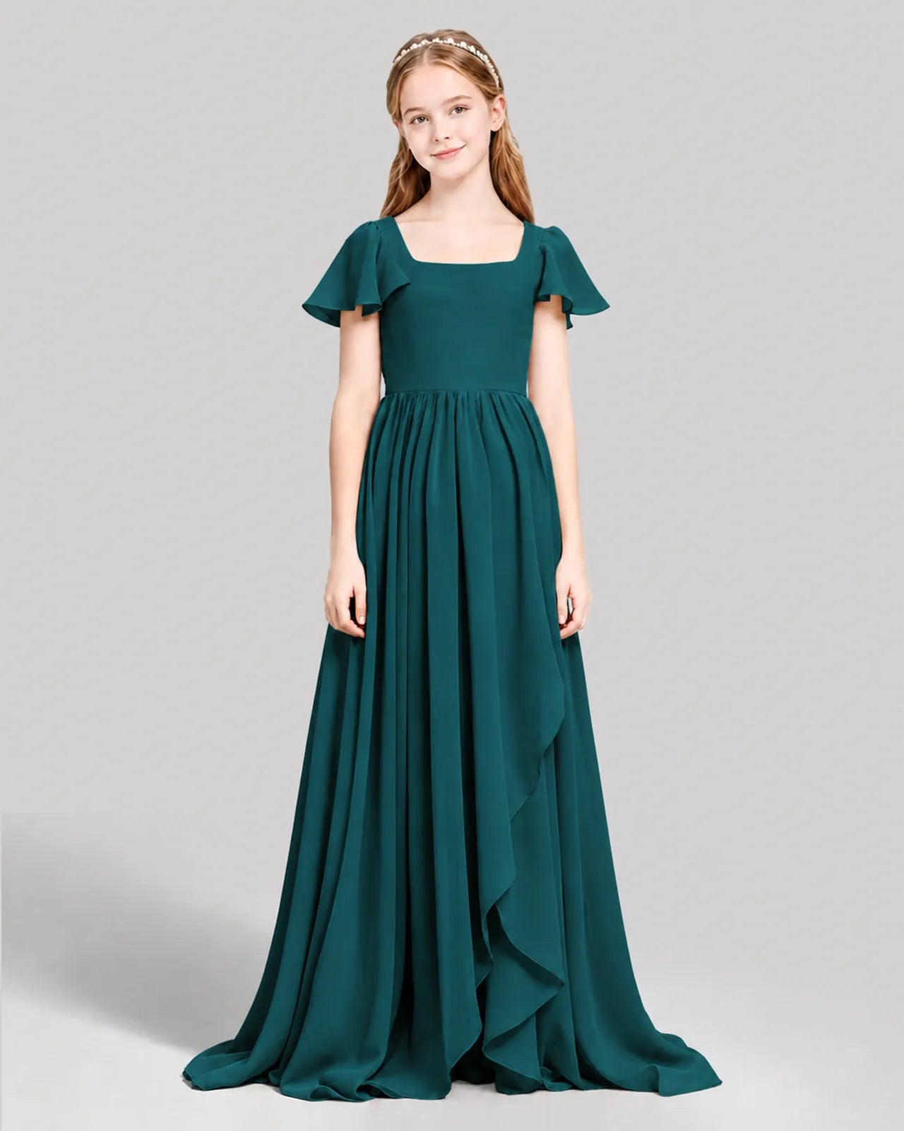 Peacock Chiffon A-line Junior Bridesmaid Dress Front View