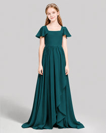 Dideyttawl Junior Bridesmaid Dress with Flutter Sleeves and Ruffle Split Chiffon Gown