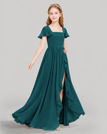 Dideyttawl Junior Bridesmaid Dress with Flutter Sleeves and Ruffle Split Chiffon Gown