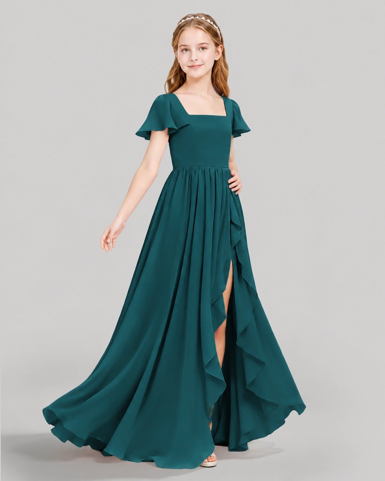 Dideyttawl Junior Bridesmaid Dress with Flutter Sleeves and Ruffle Split Chiffon Gown