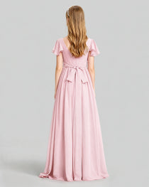 Dideyttawl Junior Bridesmaid Dress with Flutter Sleeves and Ruffle Split Chiffon Gown