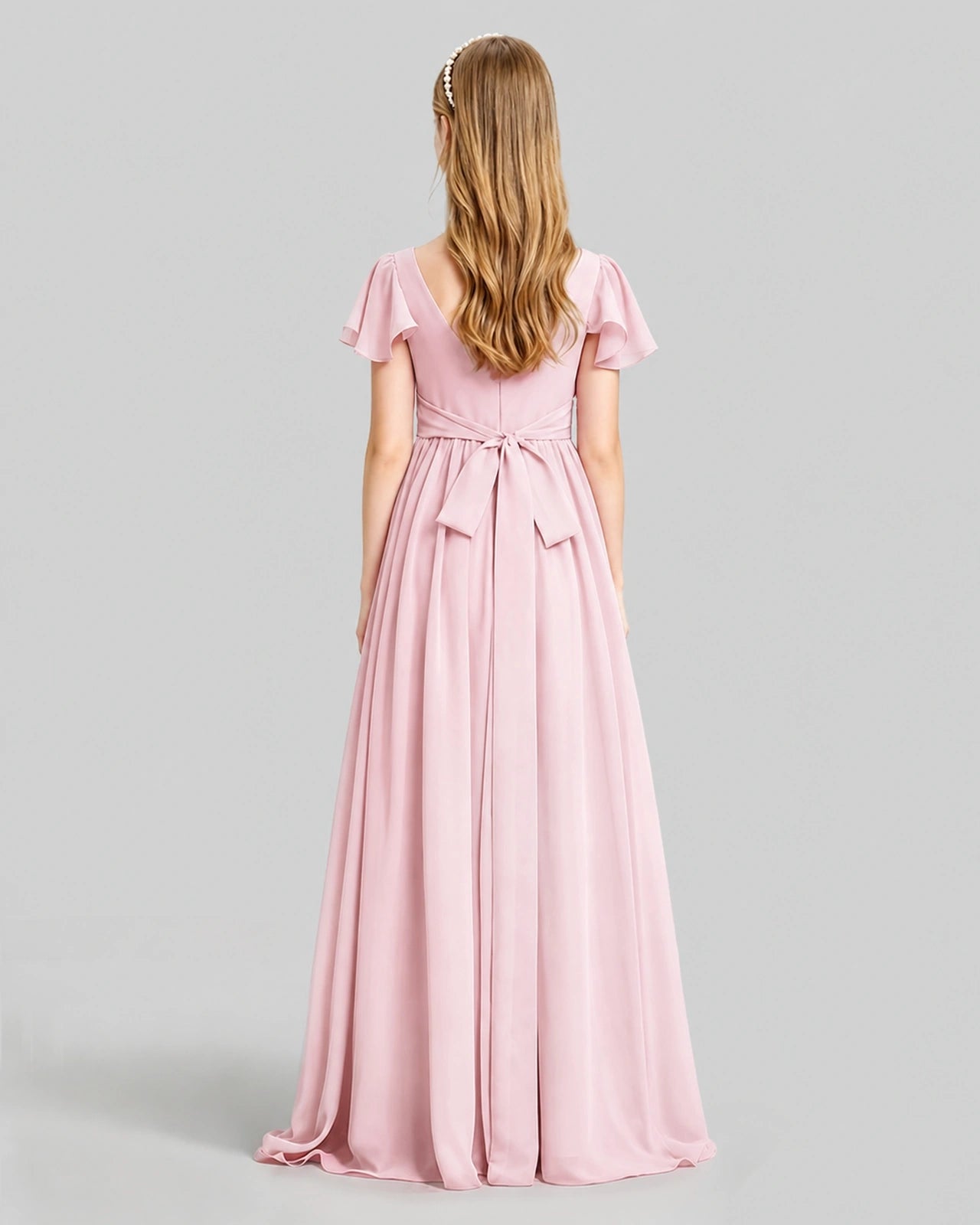 Dideyttawl Junior Bridesmaid Dress with Flutter Sleeves and Ruffle Split Chiffon Gown