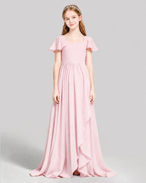 Dideyttawl Junior Bridesmaid Dress with Flutter Sleeves and Ruffle Split Chiffon Gown
