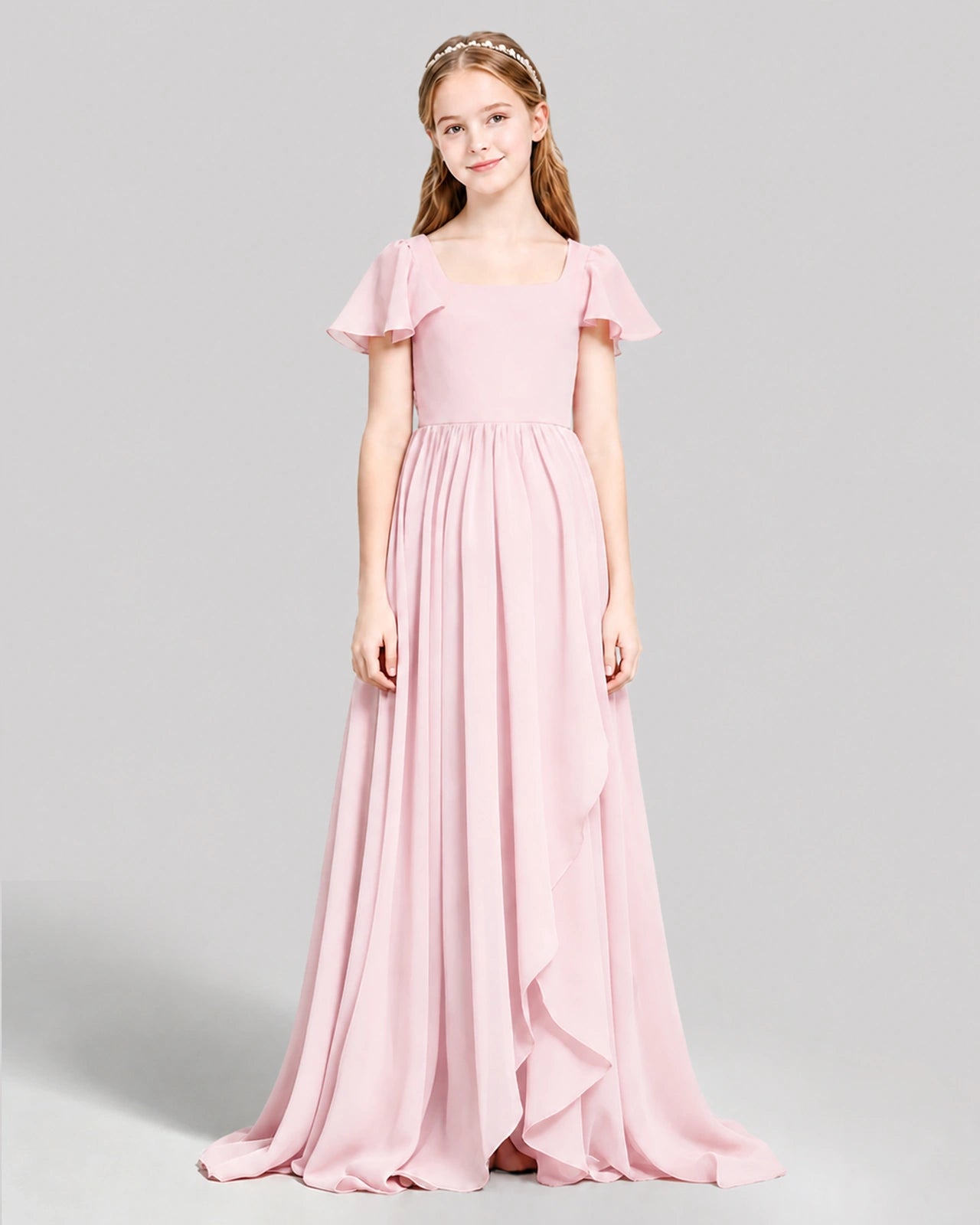 Dideyttawl Junior Bridesmaid Dress with Flutter Sleeves and Ruffle Split Chiffon Gown