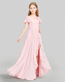 Dideyttawl Junior Bridesmaid Dress with Flutter Sleeves and Ruffle Split Chiffon Gown