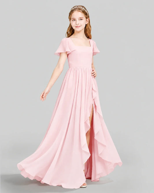 Pink Chiffon A-line Junior Bridesmaid Dress Side View