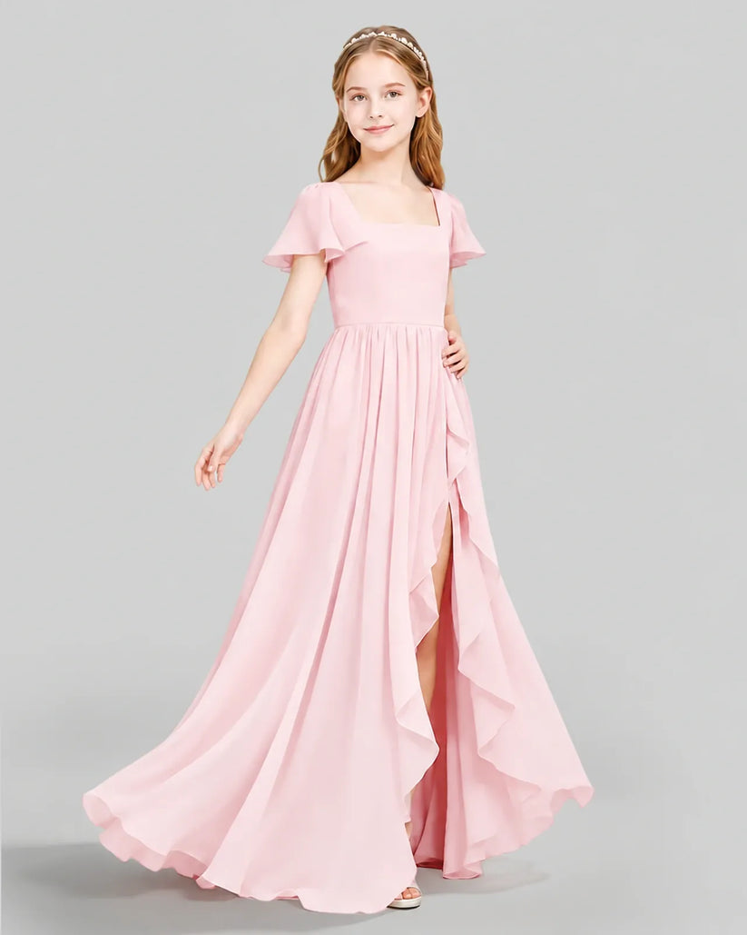 Pink Chiffon A-line Junior Bridesmaid Dress Side View