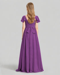 Dideyttawl Junior Bridesmaid Dress with Flutter Sleeves and Ruffle Split Chiffon Gown