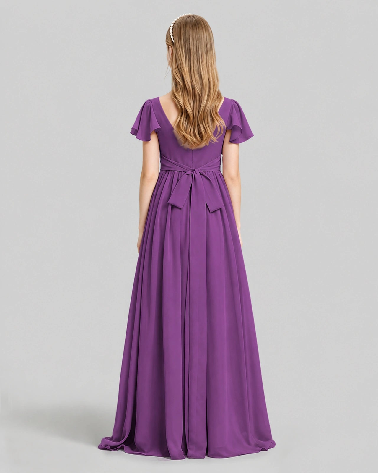 Dideyttawl Junior Bridesmaid Dress with Flutter Sleeves and Ruffle Split Chiffon Gown