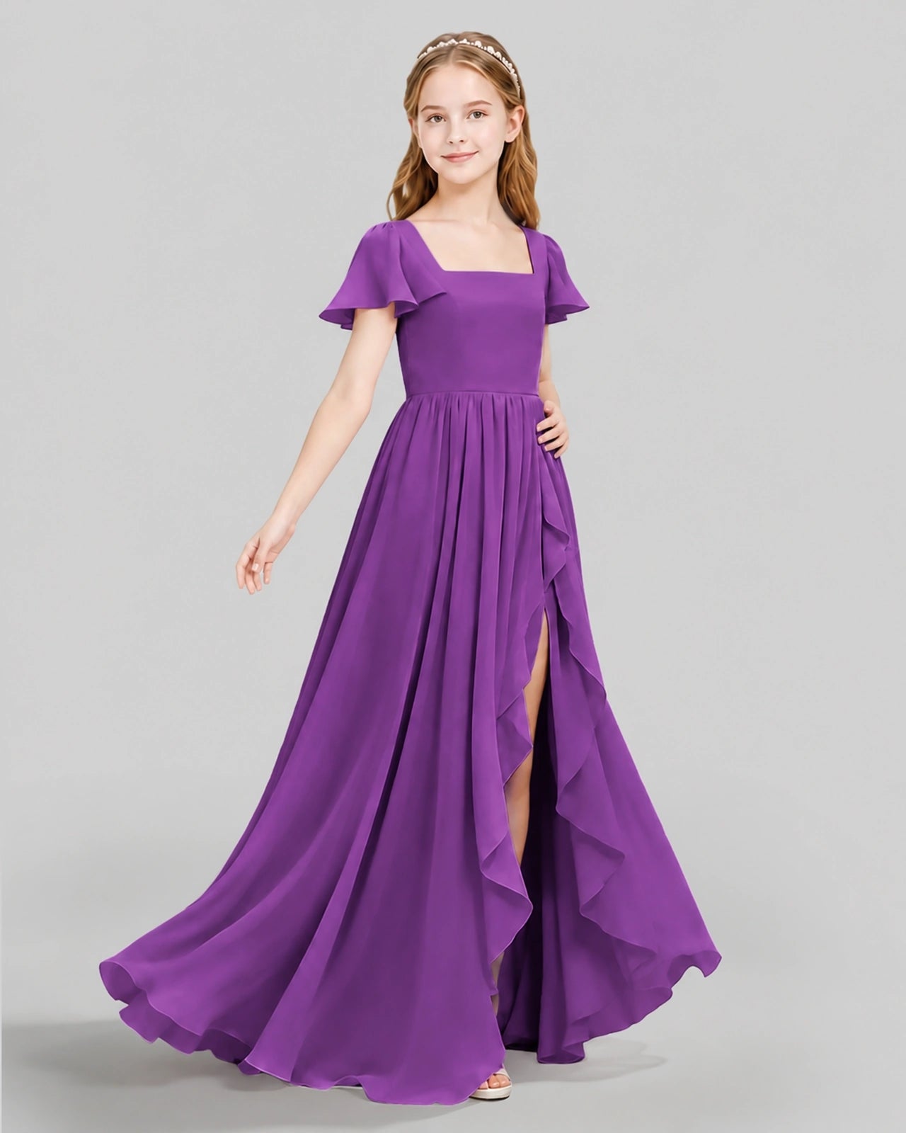 Dideyttawl Junior Bridesmaid Dress with Flutter Sleeves and Ruffle Split Chiffon Gown