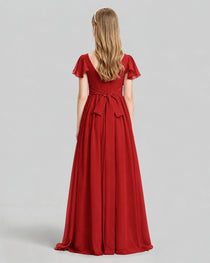 Dideyttawl Junior Bridesmaid Dress with Flutter Sleeves and Ruffle Split Chiffon Gown