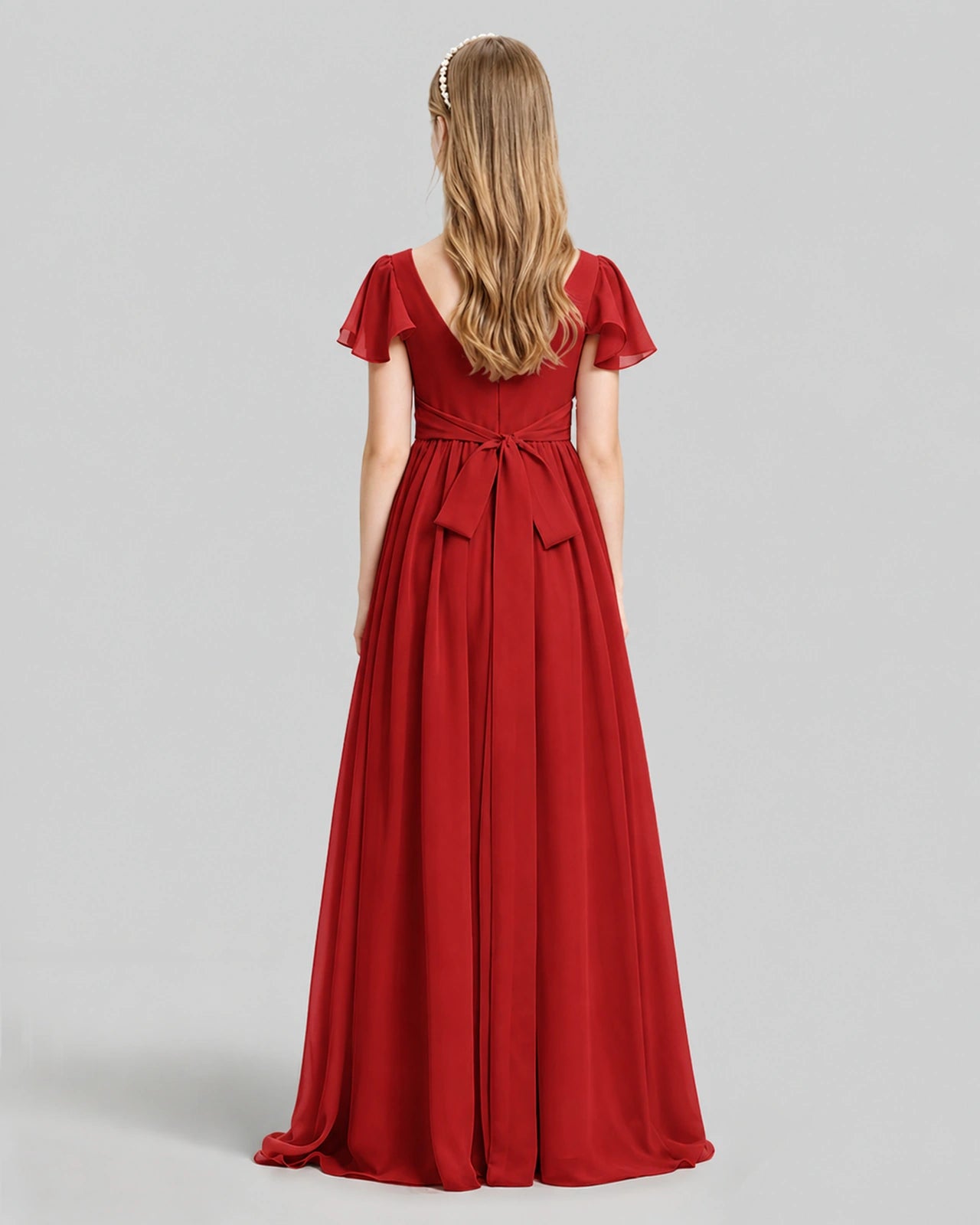 Dideyttawl Junior Bridesmaid Dress with Flutter Sleeves and Ruffle Split Chiffon Gown