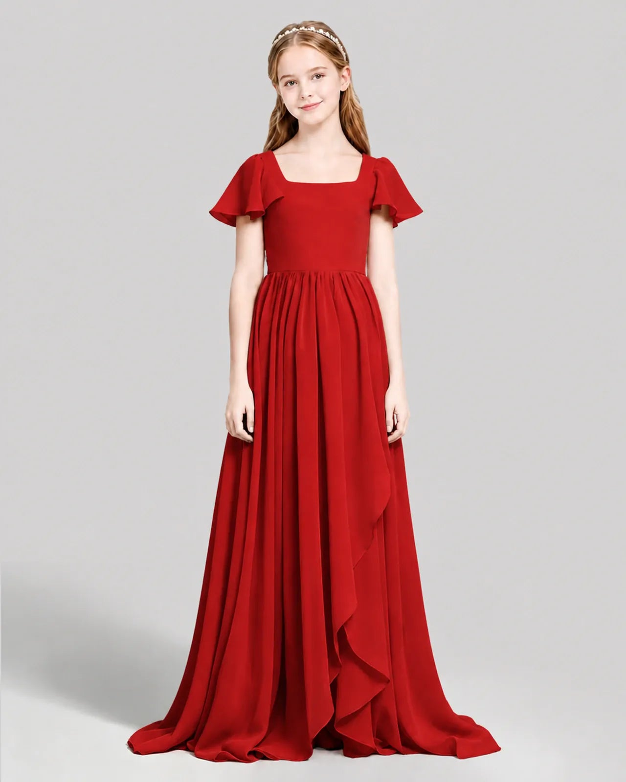 Red Chiffon A-line Junior Bridesmaid Dress Front View