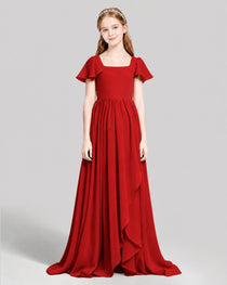 Dideyttawl Junior Bridesmaid Dress with Flutter Sleeves and Ruffle Split Chiffon Gown