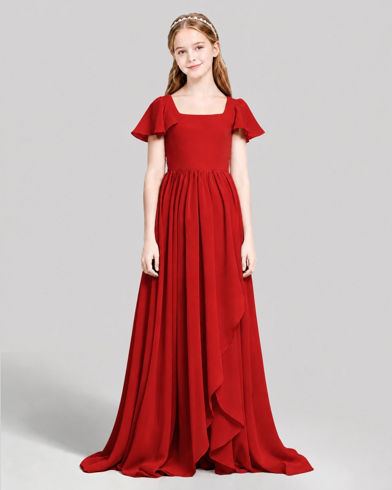 Dideyttawl Junior Bridesmaid Dress with Flutter Sleeves and Ruffle Split Chiffon Gown