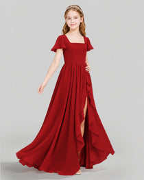 Dideyttawl Junior Bridesmaid Dress with Flutter Sleeves and Ruffle Split Chiffon Gown