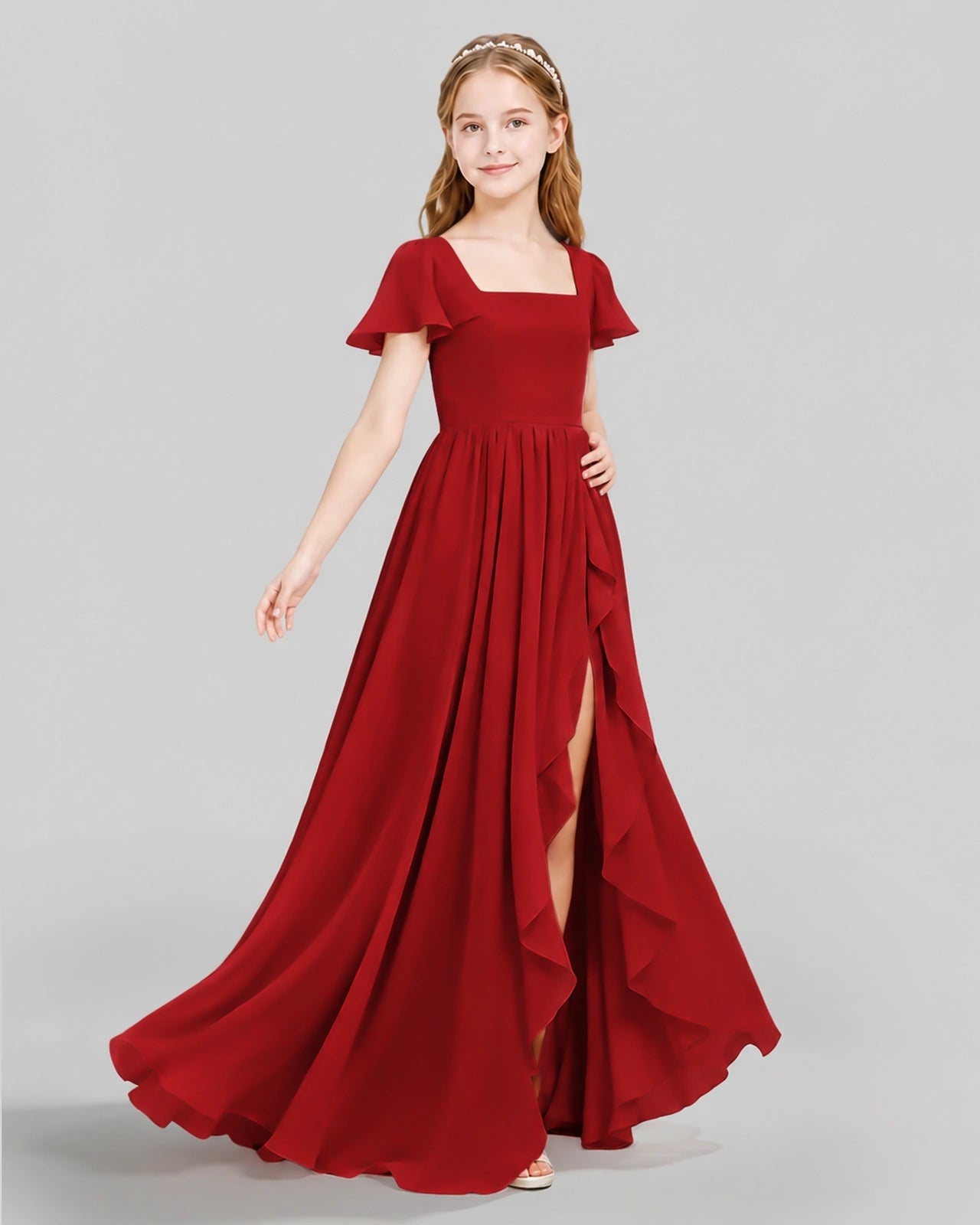 Dideyttawl Junior Bridesmaid Dress with Flutter Sleeves and Ruffle Split Chiffon Gown
