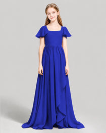 Dideyttawl Junior Bridesmaid Dress with Flutter Sleeves and Ruffle Split Chiffon Gown