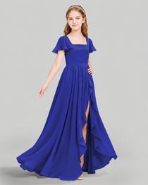Dideyttawl Junior Bridesmaid Dress with Flutter Sleeves and Ruffle Split Chiffon Gown