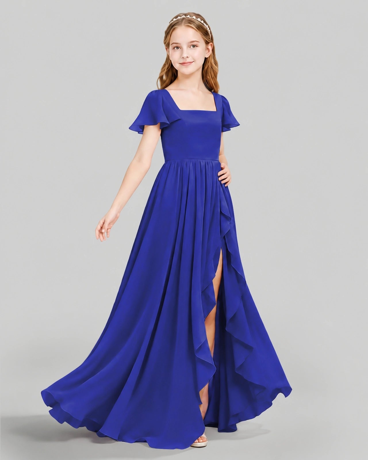 Dideyttawl Junior Bridesmaid Dress with Flutter Sleeves and Ruffle Split Chiffon Gown