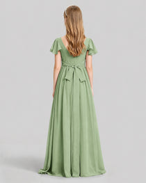 Dideyttawl Junior Bridesmaid Dress with Flutter Sleeves and Ruffle Split Chiffon Gown