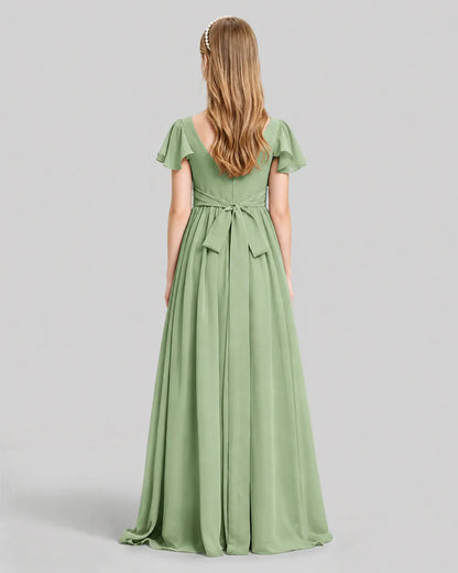 Sage Green Chiffon A-line Junior Bridesmaid Dress Back View