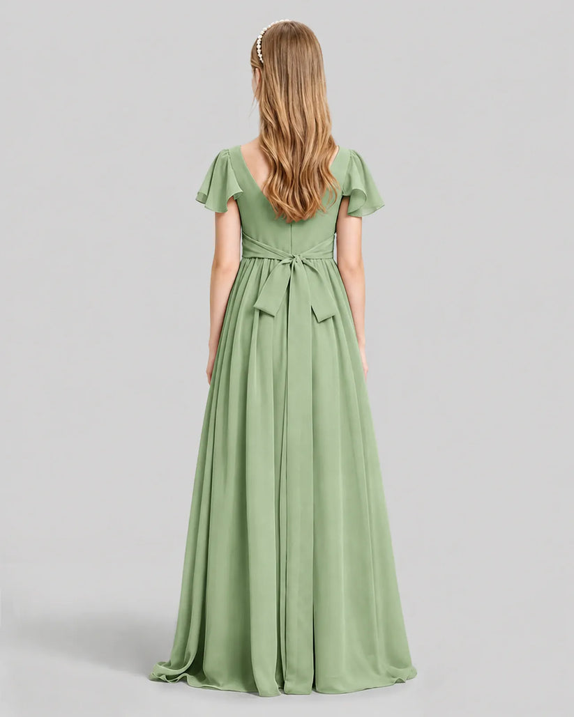 Sage Green Chiffon A-line Junior Bridesmaid Dress Back View