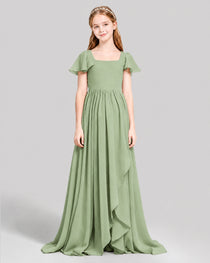 Dideyttawl Junior Bridesmaid Dress with Flutter Sleeves and Ruffle Split Chiffon Gown