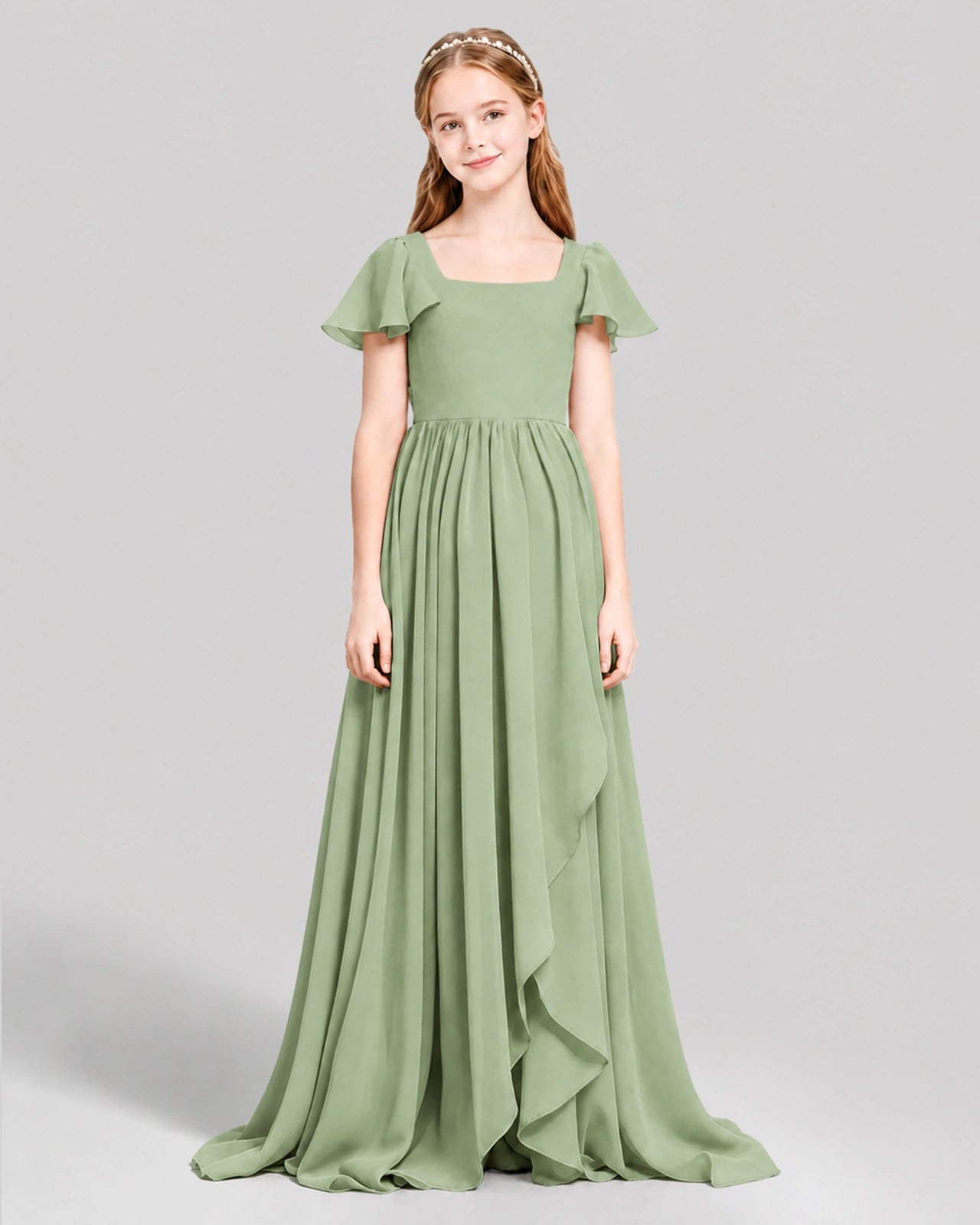 Dideyttawl Junior Bridesmaid Dress with Flutter Sleeves and Ruffle Split Chiffon Gown