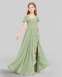 Dideyttawl Junior Bridesmaid Dress with Flutter Sleeves and Ruffle Split Chiffon Gown