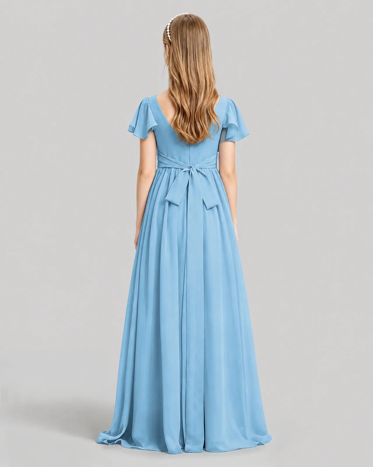 Sky Blue Chiffon A-line Junior Bridesmaid Dress Back View