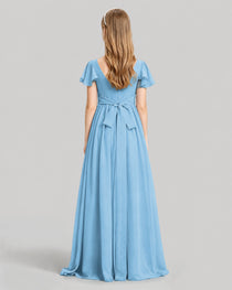 Dideyttawl Junior Bridesmaid Dress with Flutter Sleeves and Ruffle Split Chiffon Gown